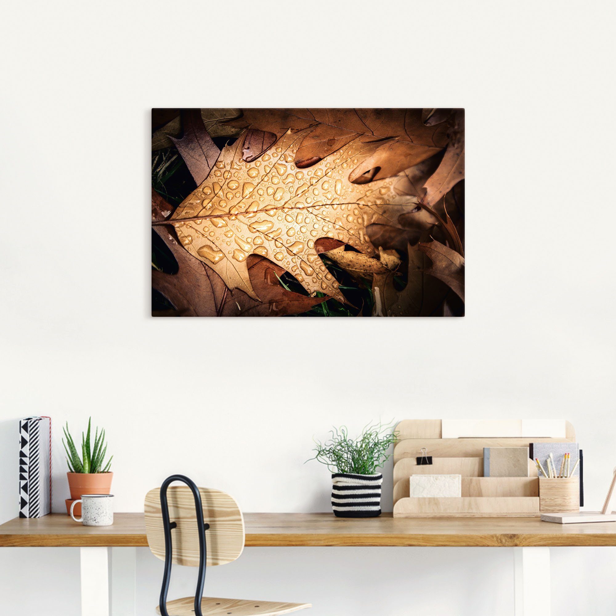 Artland Wandbild als Poster versch. (1 oder Wandaufkleber St), Größen mit Regentropfen, Blätterbilder in Alubild, Herbstblatt Leinwandbild