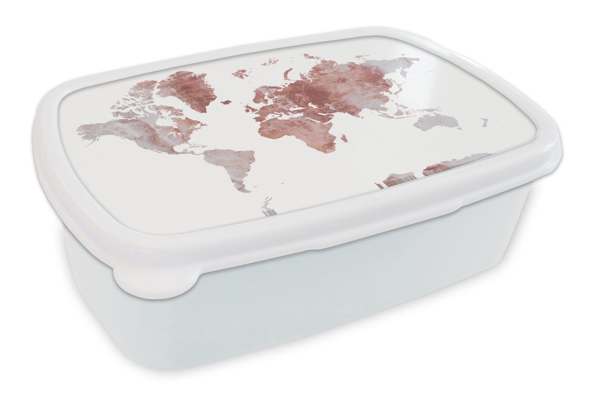 MuchoWow Lunchbox Weltkarte - Marmor - Rot, Kunststoff, (2-tlg), Brotbox für Kinder und Erwachsene, Brotdose, für Jungs und Mädchen weiß