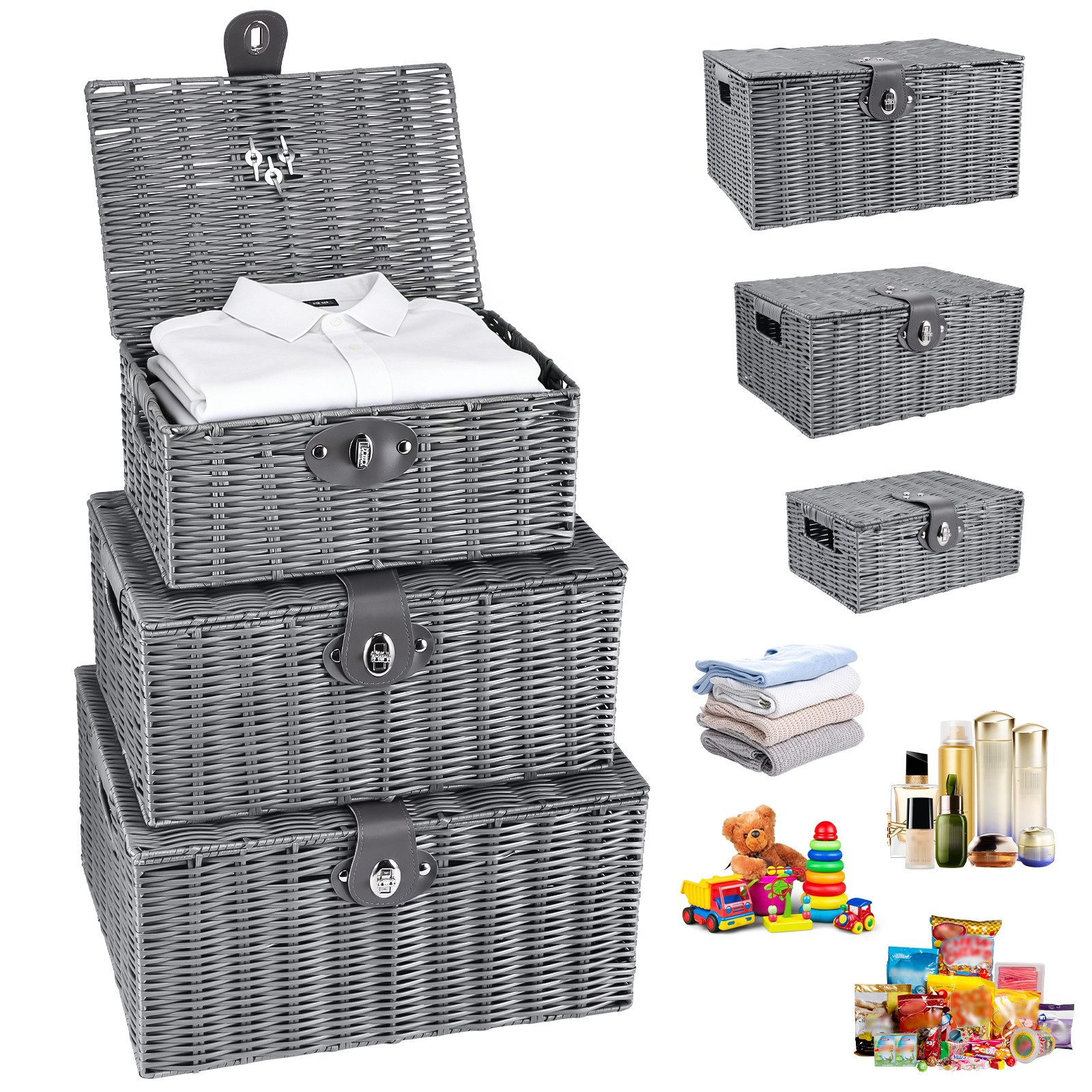 BlingBin Aufbewahrungskorb Gewebter Korb mit Deckel, Aufbewahrung Organizer (Aufbewahrungskörbchen mit Deckel und Schnallen, 3 St., 3 Stück, Large, Medium, Small), Aufbewahrungswürfeln für Decken, Schrank, Windel, Badezimmer, Wäsche