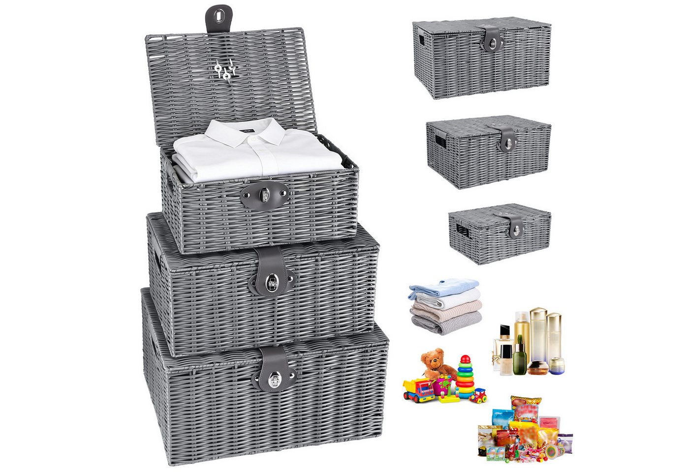 BlingBin Aufbewahrungskorb Gewebter Korb mit Deckel, Aufbewahrung Organizer (Aufbewahrungskörbchen mit Deckel und Schnallen, 3 St., 3 Stück, Large, Medium, Small), Aufbewahrungswürfeln für Decken, Schrank, Windel, Badezimmer, Wäsche