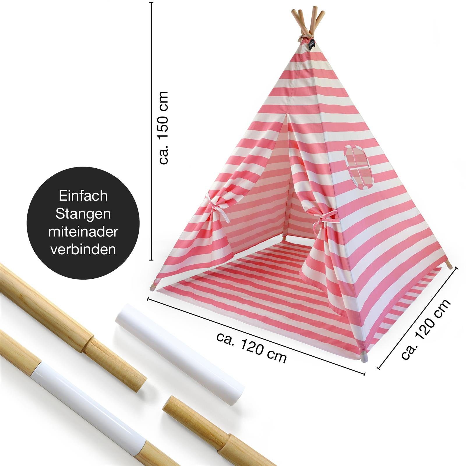 Hej Lønne Tipi-Zelt Tipi Zelt für Kinder rosa gestreift Kinderzelt, (6er Set)