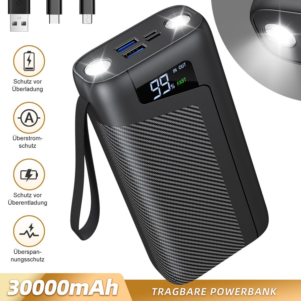VSIUO PowerBank 30000mAh Externer Akku Tragbares Ladegerät, USB C Power bank Powerbank 30000 mAh, LED Digitalanzeige, QC 4.0 + PD 20W-Schnellladung, 4 Modi Taschenlampe