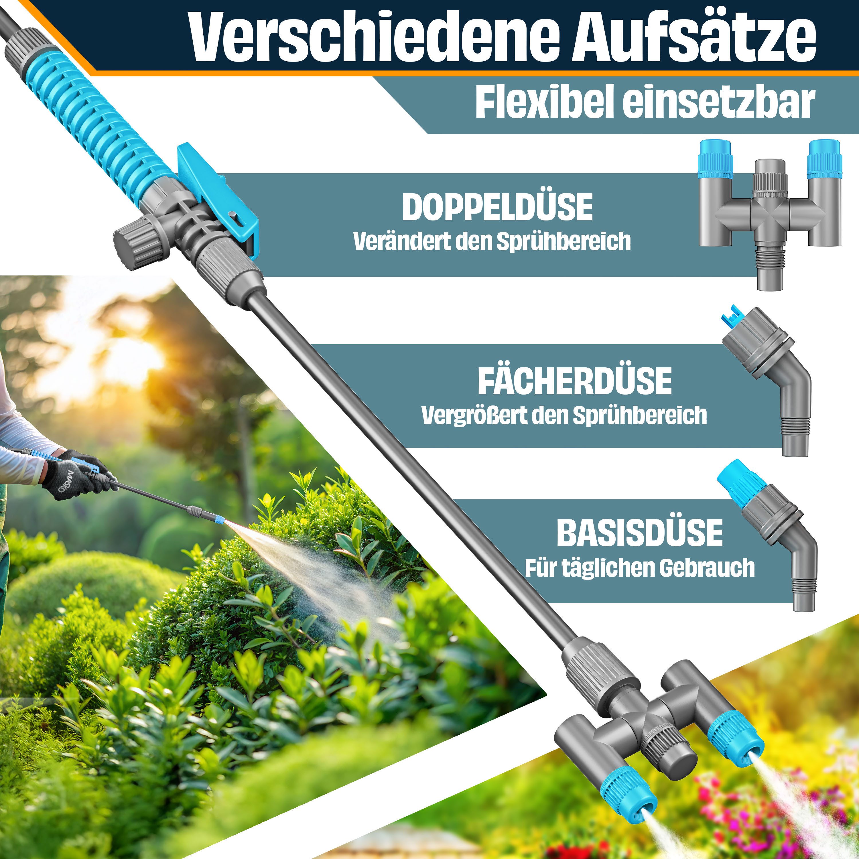 MASKO Drucksprühgerät Drucksprüher säurebeständiges Sprühgerät 5L Füllinhalt Gartenspritze, (Pumpsprühflasche mit verstellbaren Düsen, Schlauch, Gurt & Handschuhe), Reinigungsspritze für Pflanzenschutz, Gartenarbeit & Autopflege