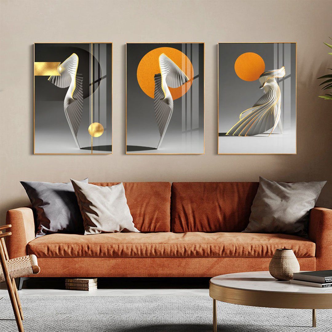 Einfacher grauer Wohnzimmer-Eingangsdekoration, weißer schwarzer, St), L.Ru Kunstdruck und Origami-Kunst, abstrakte Goldfolien-Linien-Malkern, (3 UG Gemäldekern