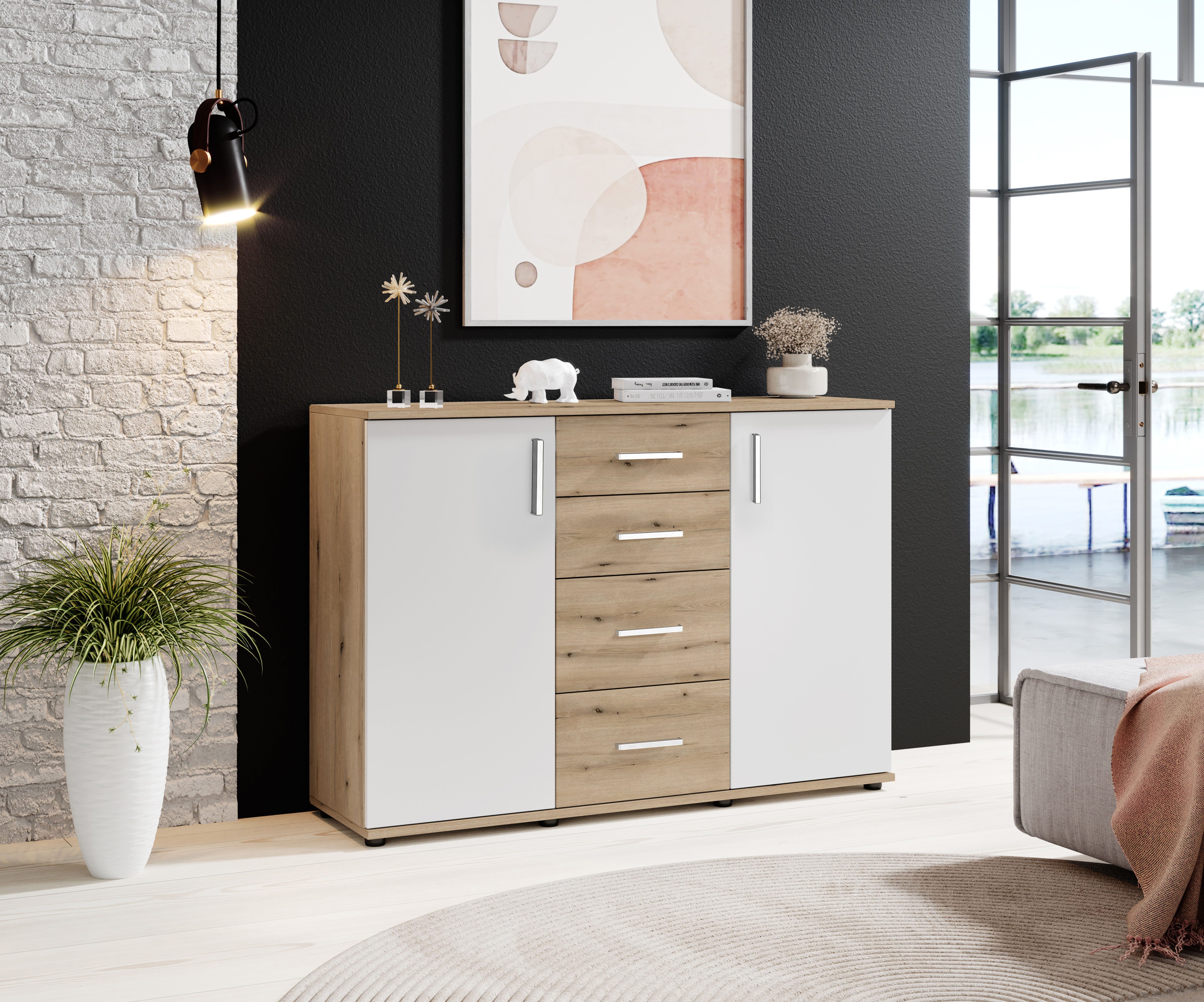 HBZ Kommode BC-Drift-2, Sideboard Stellmaß 120x84x35 cm (1 St), Sideboard mit 2 Türen, 4 Schubkästen, 2 Einlegeböden
