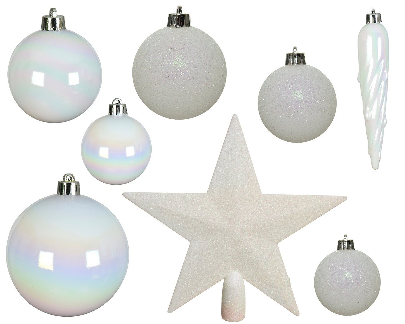 Decoris season decorations Weihnachtsbaumkugel, Weihnachtskugeln mit Christbaumstern Kunststoff weiß iris, 33er Set