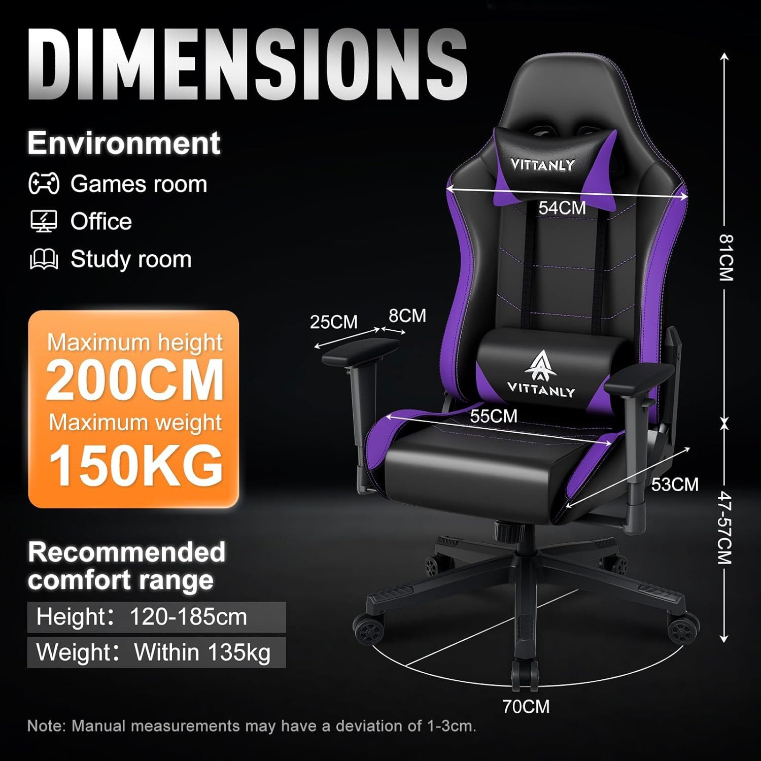 Vittanly Gaming-Stuhl Ergonomischer Gamer Stuhl mit Kopfstütze Lendenkissen Höhenverstellbar