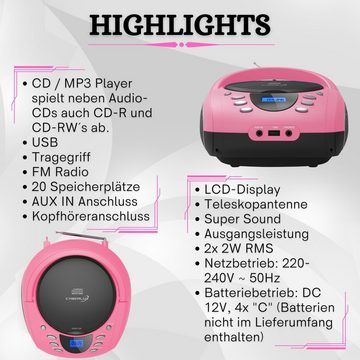 Cyberlux CL-720 tragbarer CD-Player (CD, Kinder CD Player tragbar, Boombox, Musikbox, FM Radio mit MP3 USB)