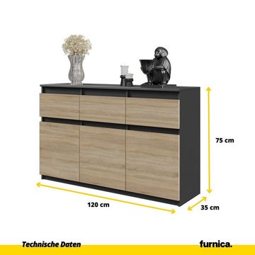 Furnica Kommode NOAH, 3 Schubladen und 3 Türen - Anthrazit Grau H75cm B120cm T35cm (1 St)