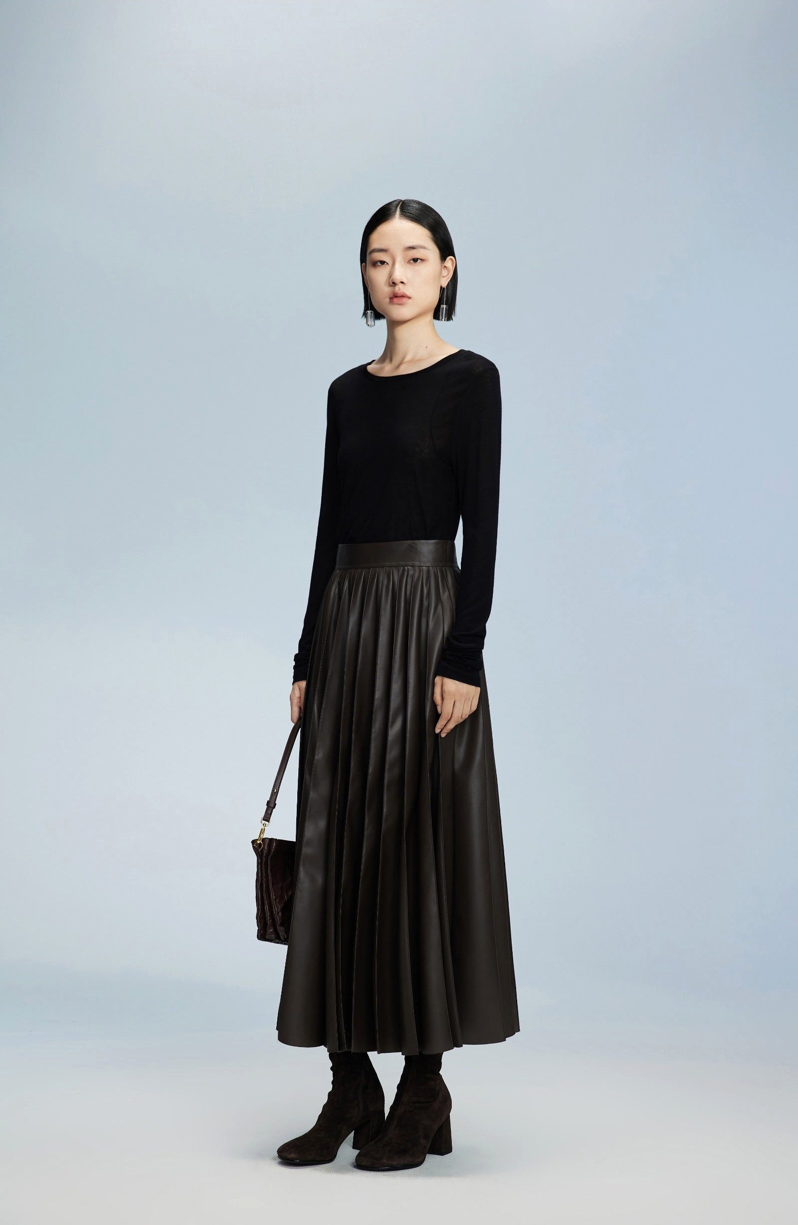 LESS Sommerrock Damen Tellerrock in Lederoptik in Braun