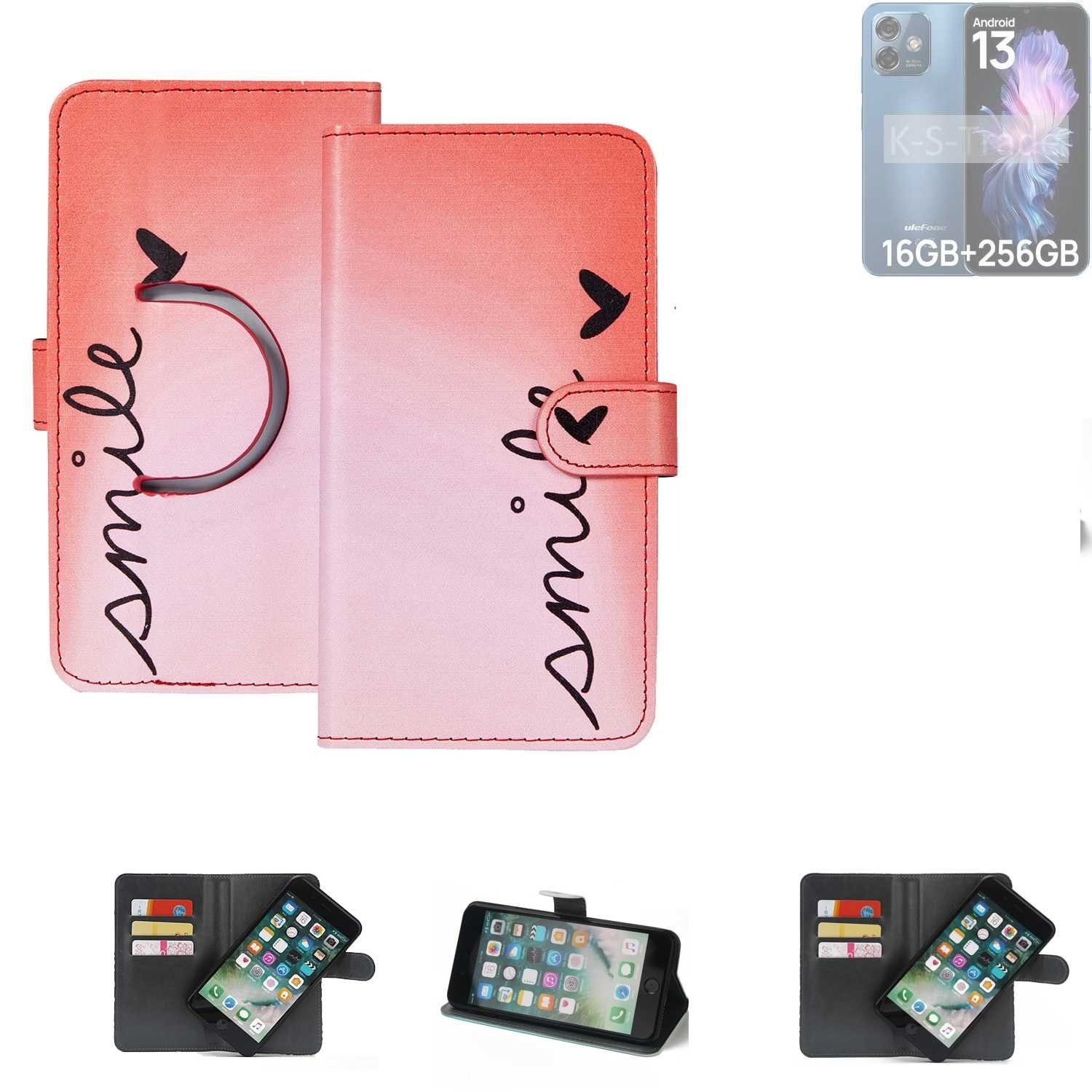 K-S-Trade Handyhülle für Ulefone Note 16 Pro, Schutzhülle Handyhülle Hülle cover bookstyle Etui ''smile'' rot