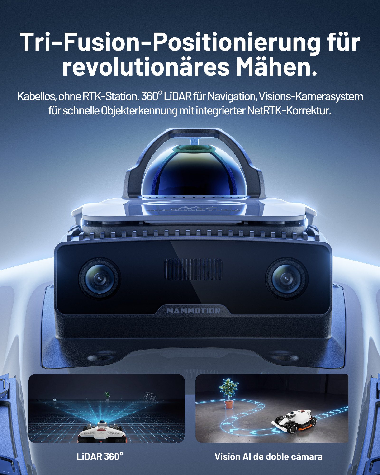 Mammotion Rasenmähroboter LUBA 3 AWD Mähroboter ohne Begrenzungskabel, bis 1500 m² Rasenfläche, (360 LiDAR + Dual-Kamera-KI-Vision, mit 4G-Modul, bis zu 15 Zonen), Allradantrieb, Auto-Kartierung, Rasenmuster erstellen, 4G-Modul, APP