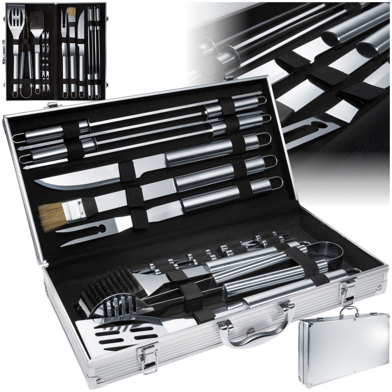 tectake Grillbesteck-Set 18-tlg. Grillbesteck-Set aus Edelstahl mit langen Griffen im Koffer, (Grillwerkzeug-Set, in grau), mit Samt-Innenverkleidung für übersichtliche Aufbewahrung des Bestecks