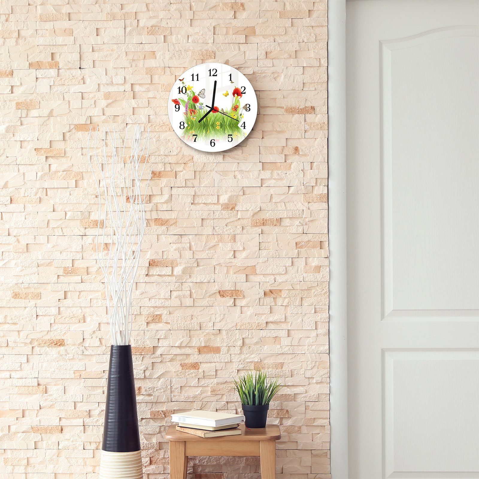 Wanduhr mit digital cm - Durchmesser mit Quarzuhrwerk Motiv Frühlingsstimmung 30 Primedeco Wanduhr und aus Rund Glas