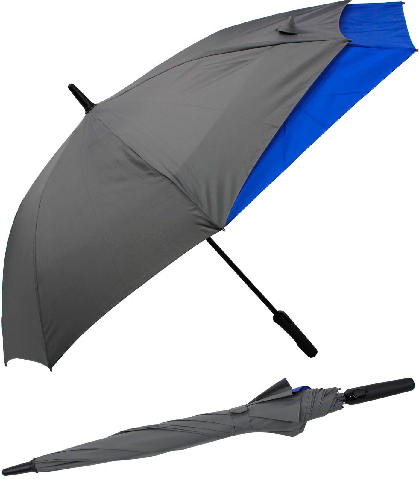 doppler® Langregenschirm Fiberglas mit Auf-Automatik - Move to XL, vergrößert sich beim Öffnen für mehr Schutz vor Regen grau-blau
