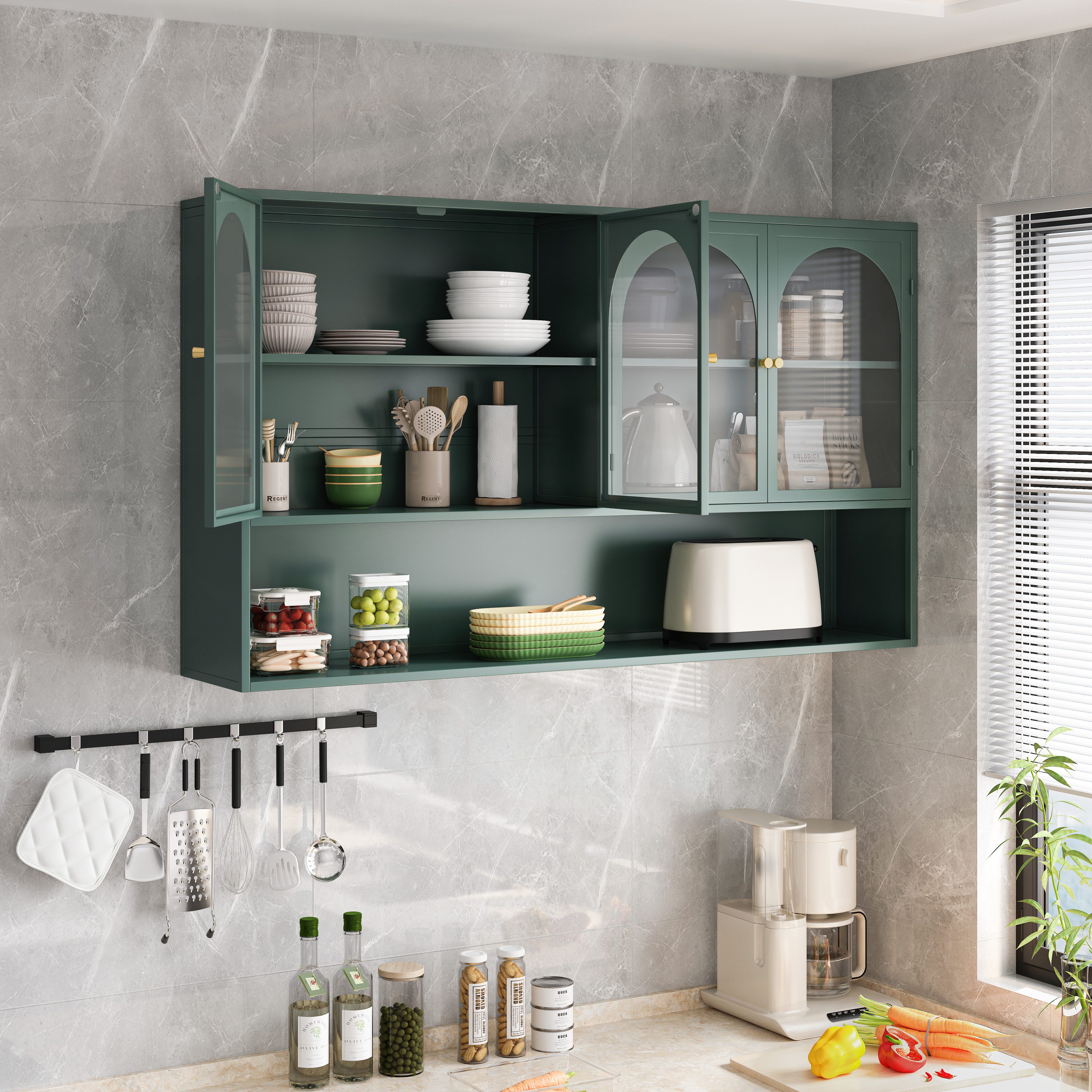 REDOM Wandhängeschrank Wandregal aus Eisen mit 4 Türen und gehärtetem Glas, 120 cm Hängeschrank