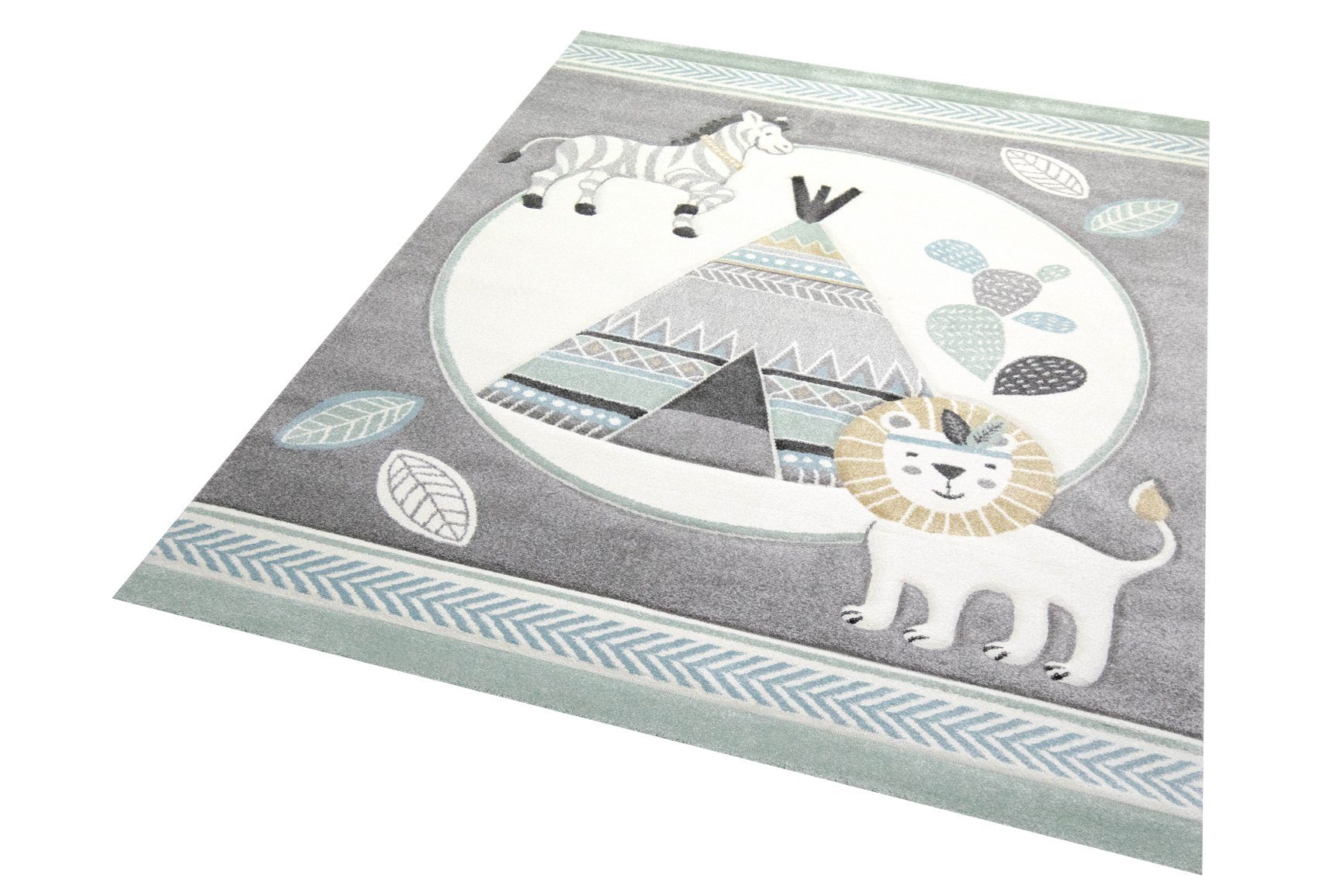 Carpetia Kinderteppich Spielteppich Kinderzimmer Kaktus Zebra Zelt Löwe gelb grau creme, rechteckig, Höhe: 13 mm