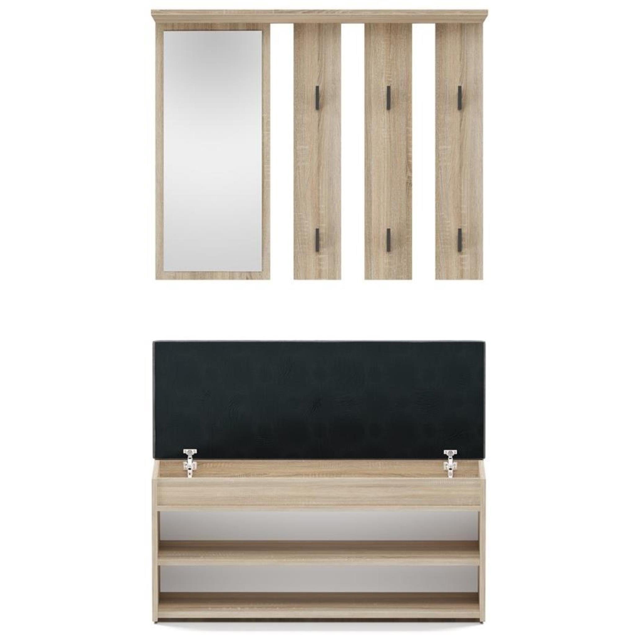 Dieleschrank, Garderoben-Set schwarze Beautysofa Spiegel Flurgarderobe), (Diele Schuhschrank, Kleiderhaken, Set, offene Sonoma Flur 6 Calinda, &