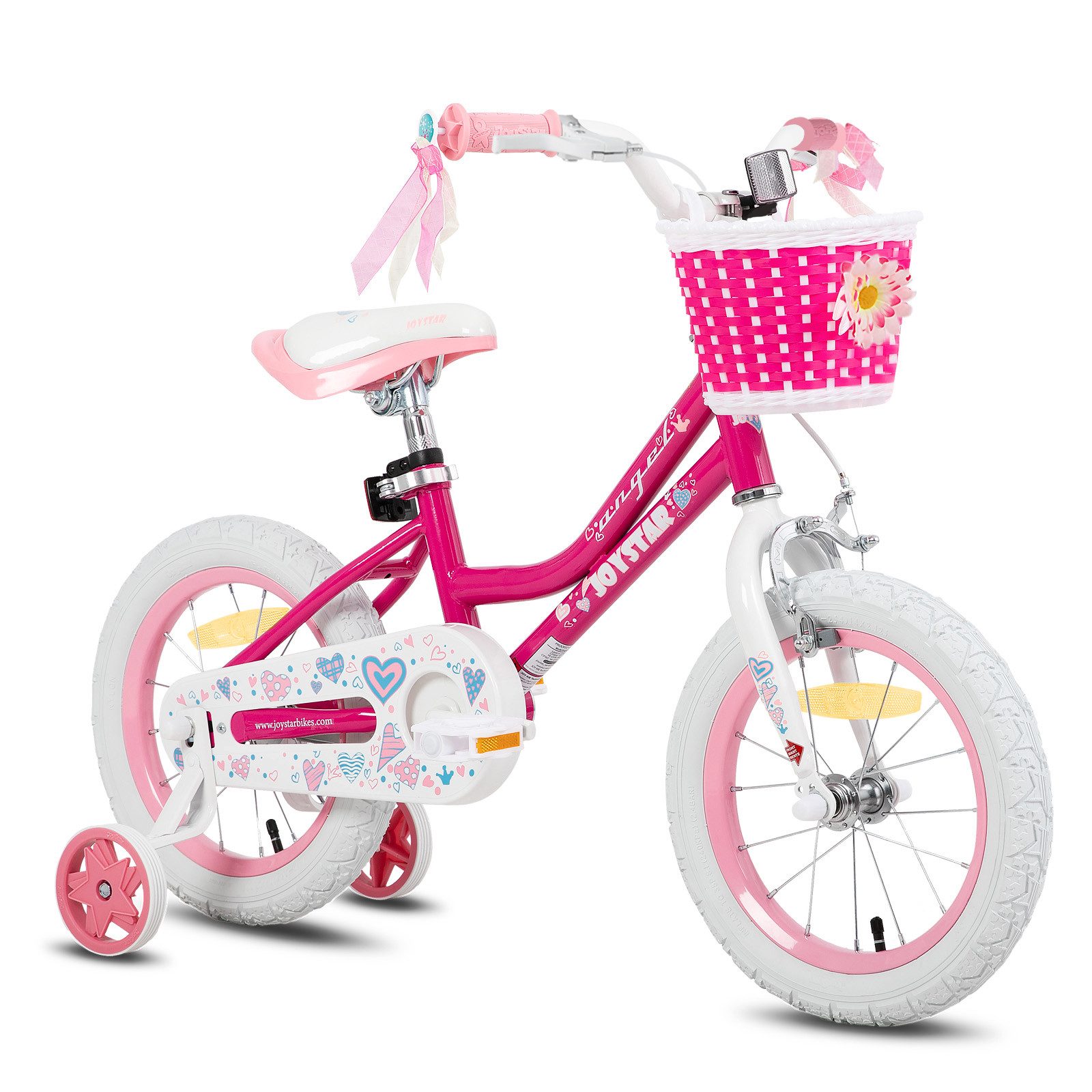JOYSTAR Kinderfahrrad 12 14 16 18 20Zoll Mädchenfahrrad, 3 - 9 Jahre,Geschenk für Prinzessin, 1 Gang, Mit Hilfsrädern, farbigen Bändern, Korb, Reflektor, Kettenabdeckung