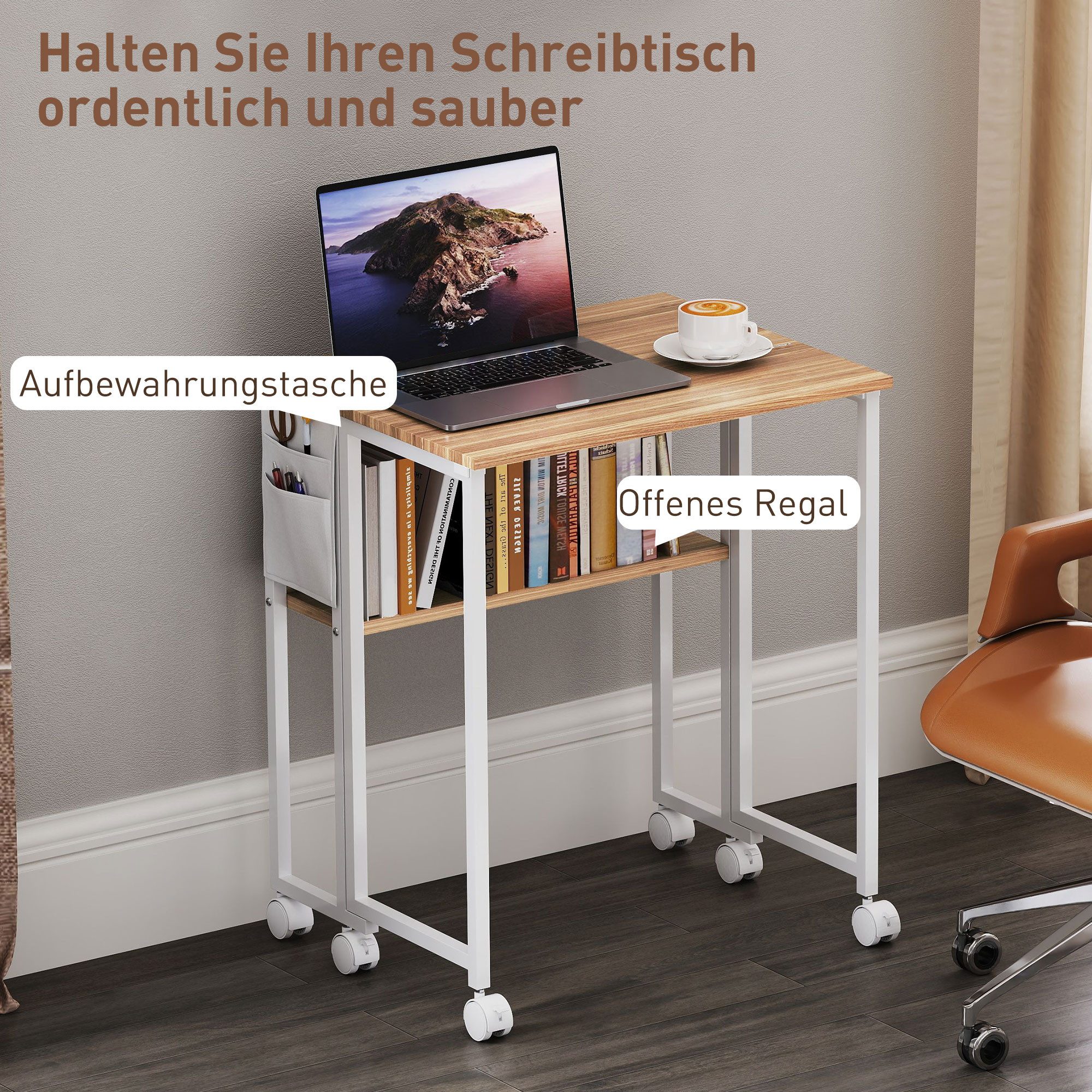 HOMCOM Schreibtisch Klappbar Kleiner 63 cm mit Rollen (Klappschreibtisch, 1-St., Platzsparend Computertisch), mit Regal, Aufbewahrungstasche, für Home Office, N – Bild 5 von 5