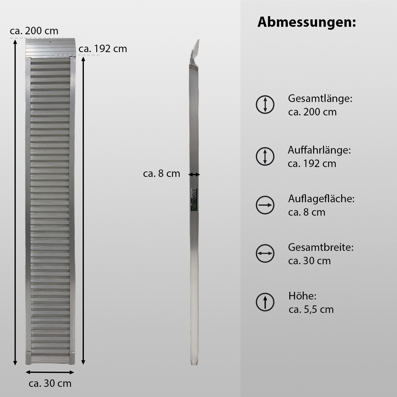 TRUTZHOLM Auffahrrampe Schwerlastrampe 200cm Traglast 2t Alu grau Verlade Rampe Verladerampen (2-St., 2er Set)