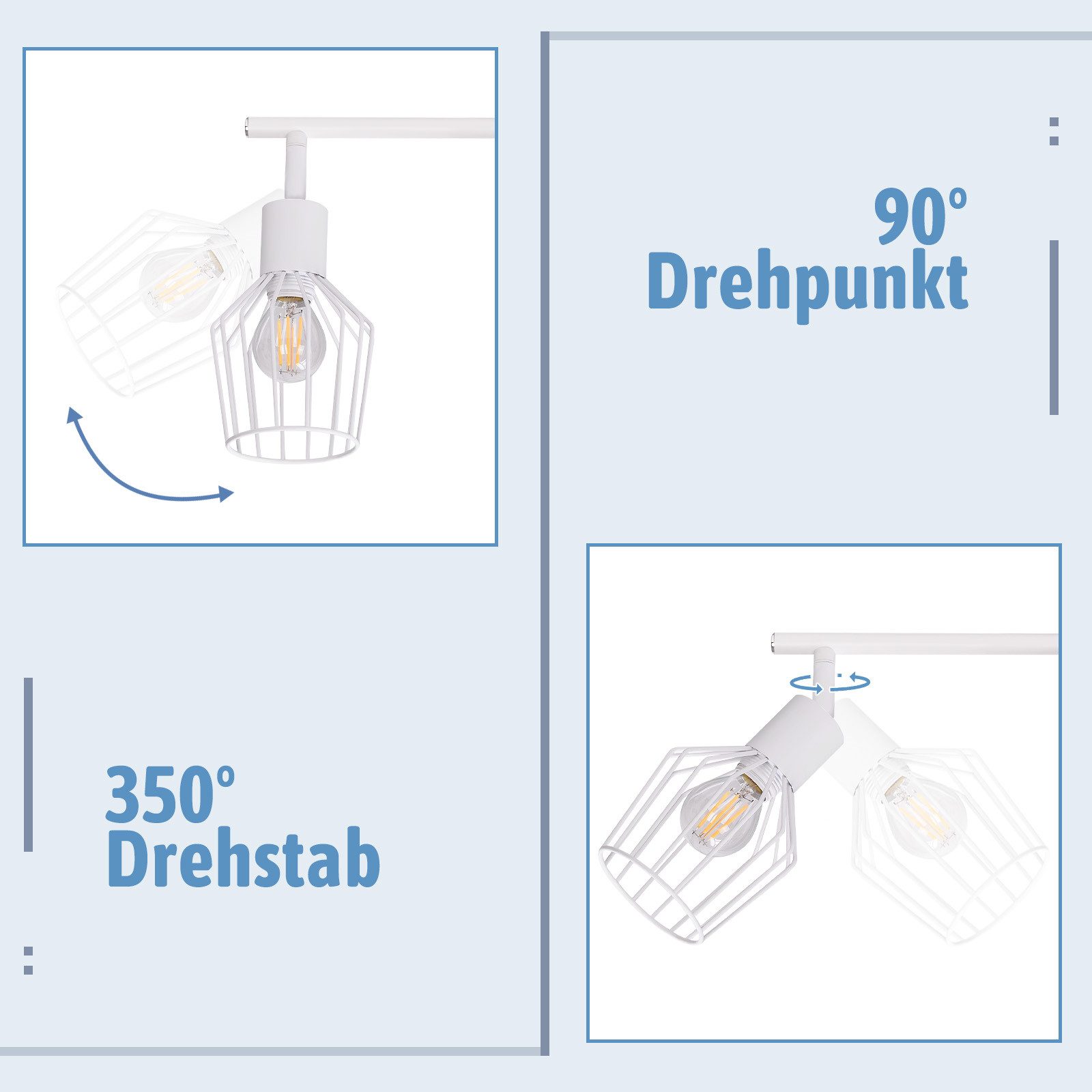 ZMH Deckenleuchte Wohnzimmer Schwarz/ Weiß 4 Flammig Deckenstrahler Drehbar 350° Flur, Metall Retro Deckenstrahler 90° Drehpunkt, ohne Leuchtmittel, IP20 Staubg – Bild 3 von 5