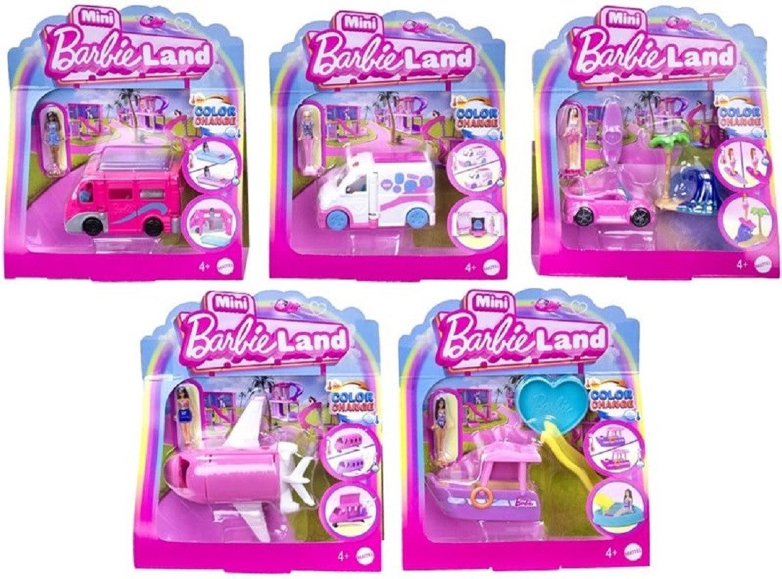 Mattel® Spielfigur Mini BarbieLand Spielset mit Fahrzeug & Puppe – Farbwechsel Effekt, (Spar-Set, 1-tlg), Überraschungs-Fahrzeug mit Farbwechsel-Effekt und Mini Barbie Puppe