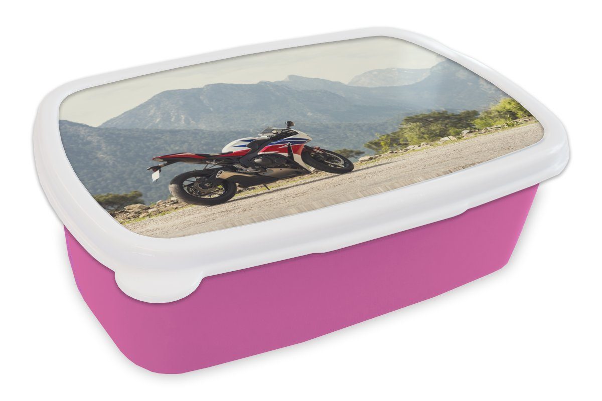 einer Mädchen, Fahrrad rosa Kinder, Kunststoff, Snackbox, Gegend, bergigen Erwachsene, Sportliches (2-tlg), Lunchbox Brotbox für MuchoWow in Kunststoff Brotdose