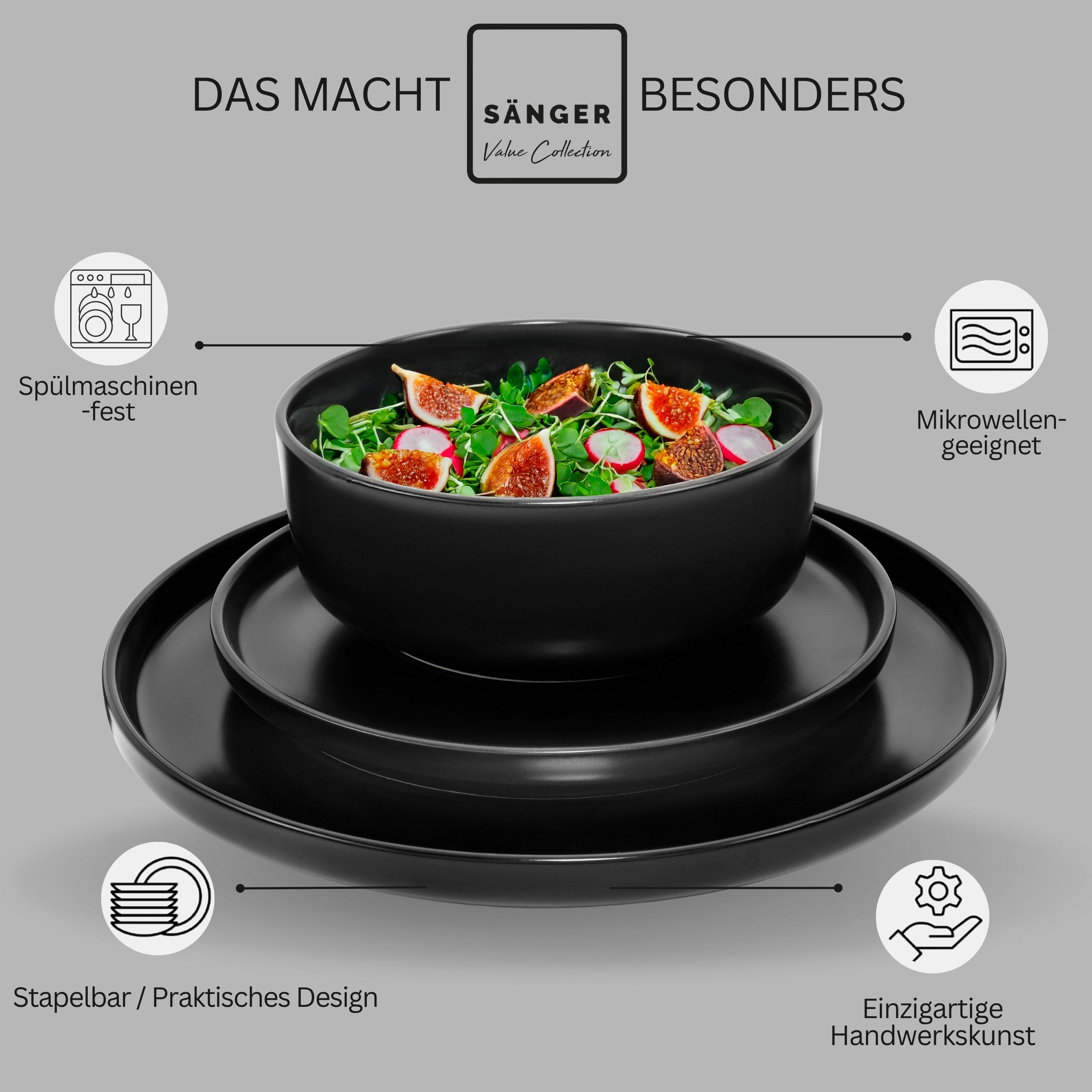 SÄNGER Tafelservice Madeira Geschirr-Set (18-tlg), 6 Personen, Steingut, schwarz Matt, Tafelservice, Handmade, VALUE COLLECTION – Bild 4 von 5