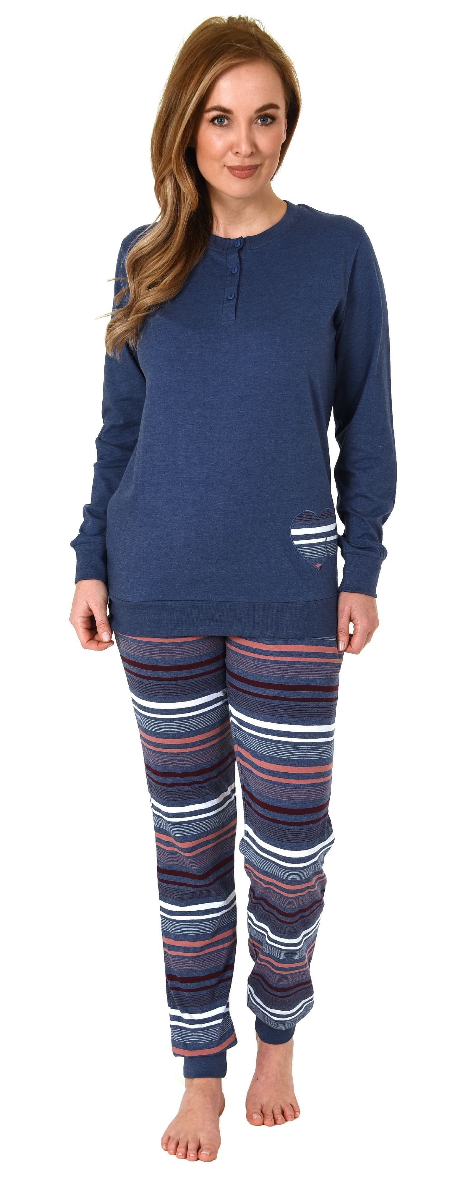 Normann Pyjama Damen Pyjama mit Bündchen und gestreifter Hose + Herzmotiv blau-melange