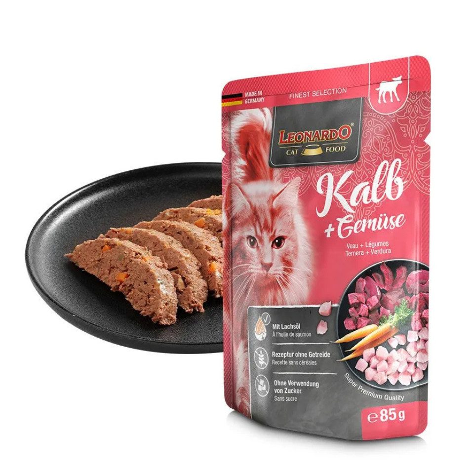 Leonardo Catfood Kalb & Gemüse - getreidefreies Nassfutter mit magerem Kalb 16x85g, Nassfutter für: Katzen