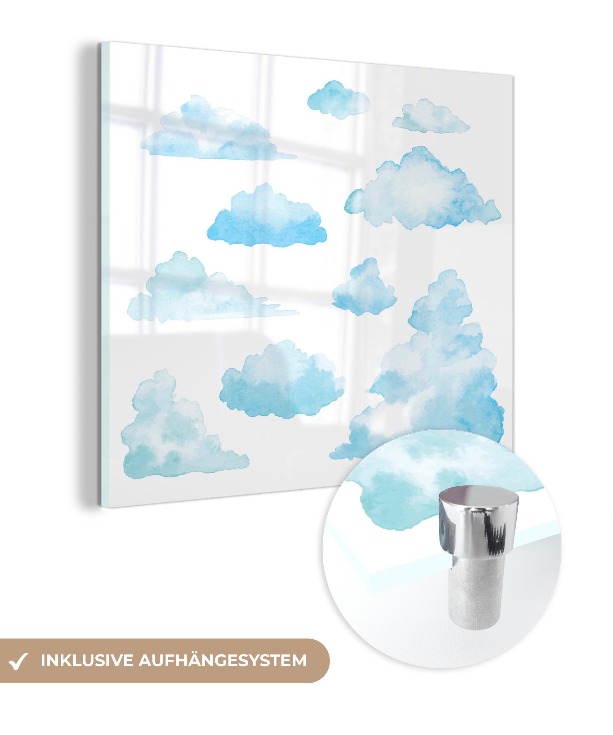 Glasbilder Wanddekoration (1 Wolken - auf Glas Acrylglasbild - MuchoWow - Aquarellfarben Wandbild Bilder mit illustriert, auf St), Glas Foto