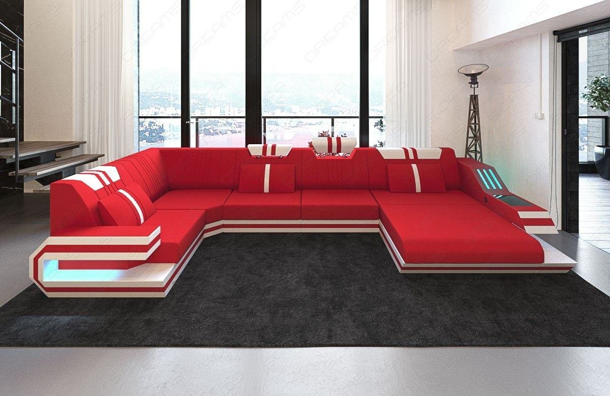 Dreams Ravenna wahlweise Polstersofa Mikrofaser Bettfunktion U Stoff rot-weiß M Sofa Stoffsofa, Sofa Couch mit Wohnlandschaft Form