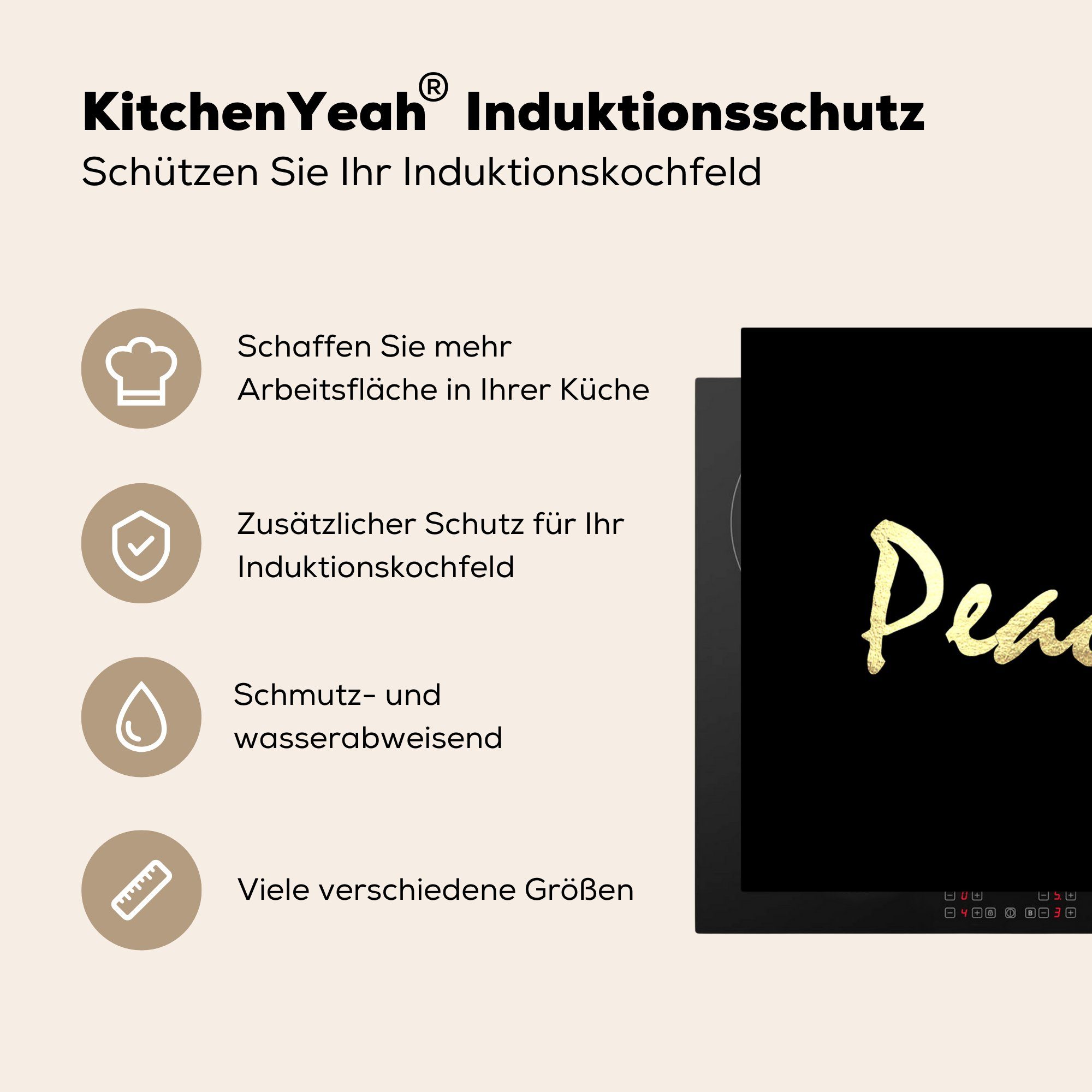 küche cm, für Arbeitsplatte Zitat Ceranfeldabdeckung, - tlg), Frieden MuchoWow Gold Schwarz, - Herdblende-/Abdeckplatte (1 Vinyl, - 78x78