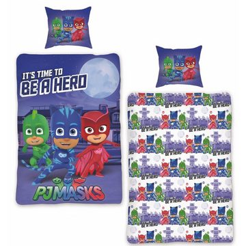 Kinderbettwäsche Zeit für Helden Lila, PJ Masks, Renforcé, 2 teilig, Catboy, Owlette, Gekko, TV Serie, Superhelden