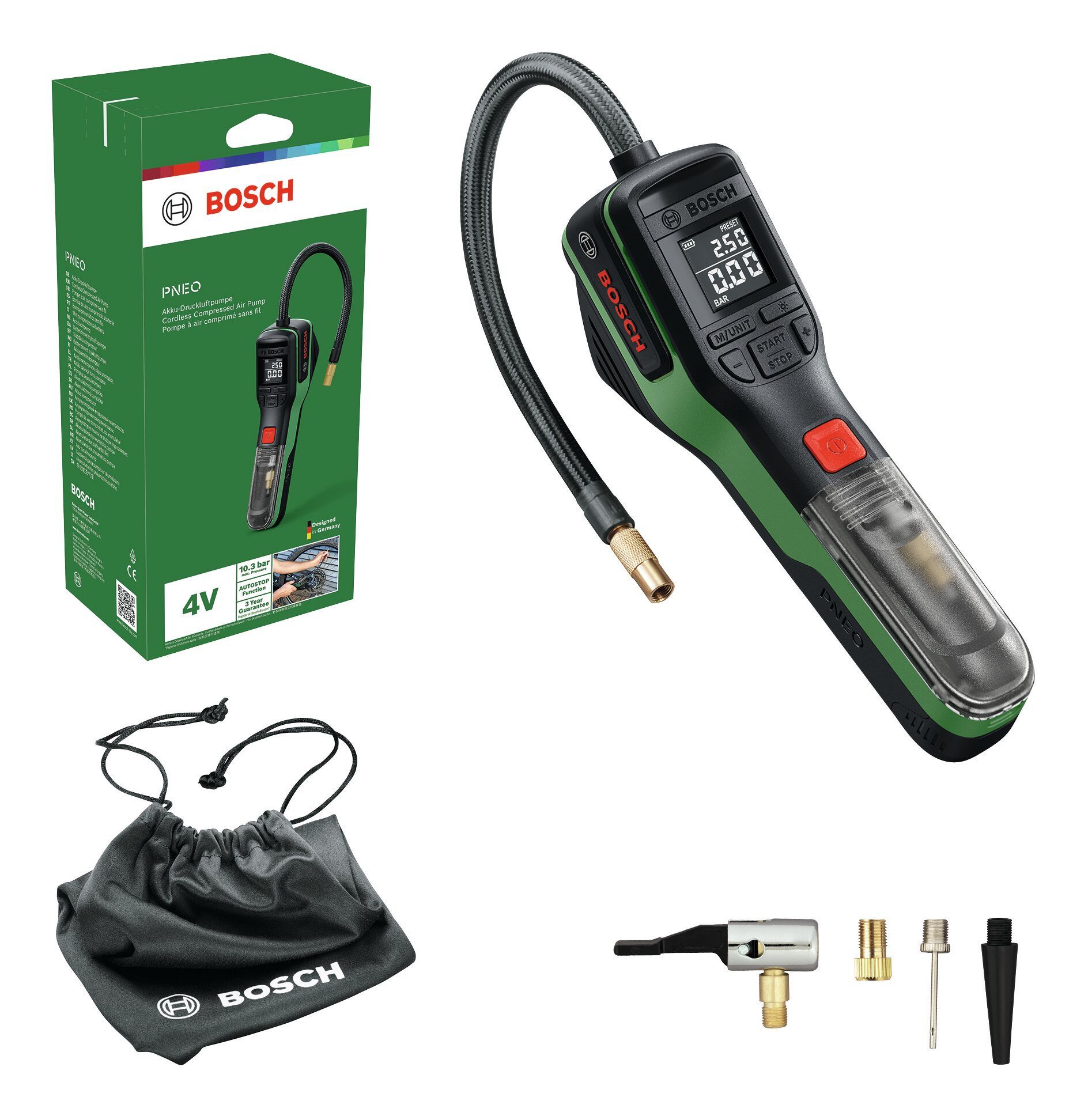 BOSCH Akku-Luftpumpe PNEO, Druckluftpumpe mit 1x Akku 3 Ah - in Werkzeugtasche