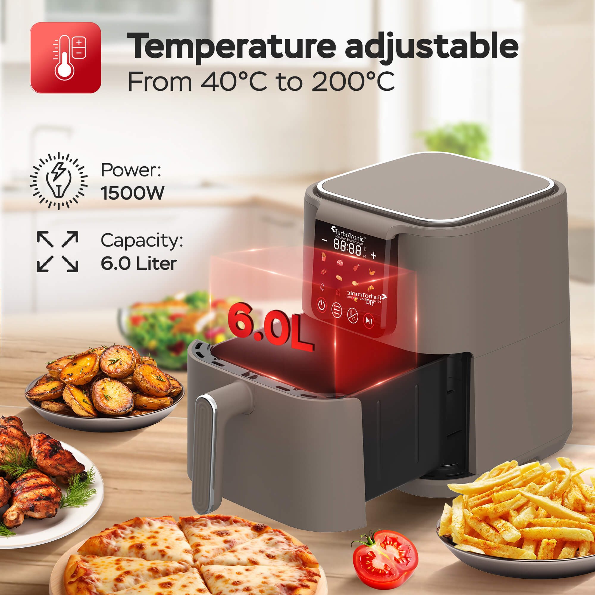 TurboTronic by Z-Line Heißluftfritteuse mit Silikoneinlage perfekte Pommes 12 Programme Heissluftfritteuse, 1500 W, Power Airfryer 40-200°C Air Friteuse ohne Fett/Öl Grill Dörren Braten