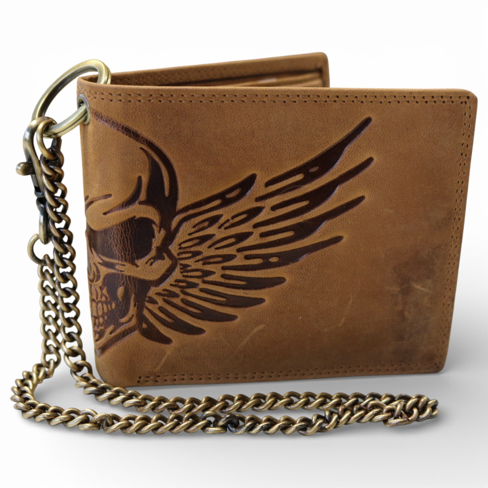 MDM Geldbörse Biker Leder Geldbörse mit Kette, Totenkopf, RFID, echtes Leder, RFID-Schutz, Totenkopf-Prägung, Metallkette, Echtleder