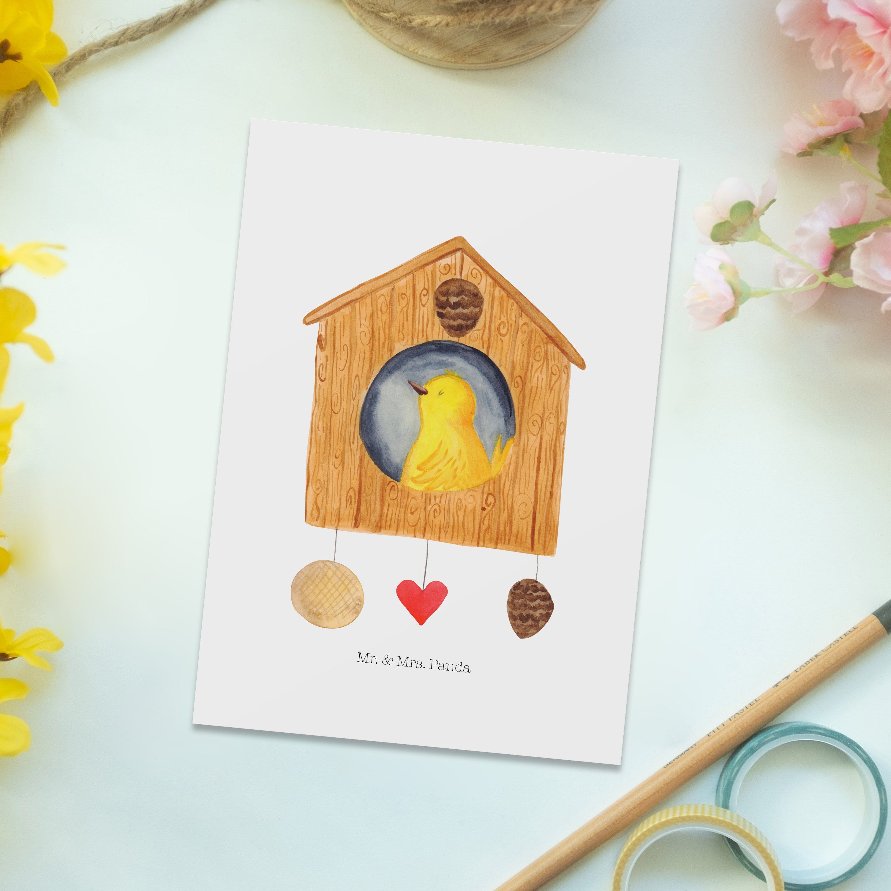lustige Geschenk, - Postkarte Tiere, Mr. & Sprüche Vogelhaus Mrs. - Einladungskarte, Panda Weiß