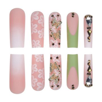 YRIIOMO Kunstfingernägel Lange grüne, verschleißfeste Nägel, Schmetterlingsblumen-Maniküre, fertige künstliche Nägel