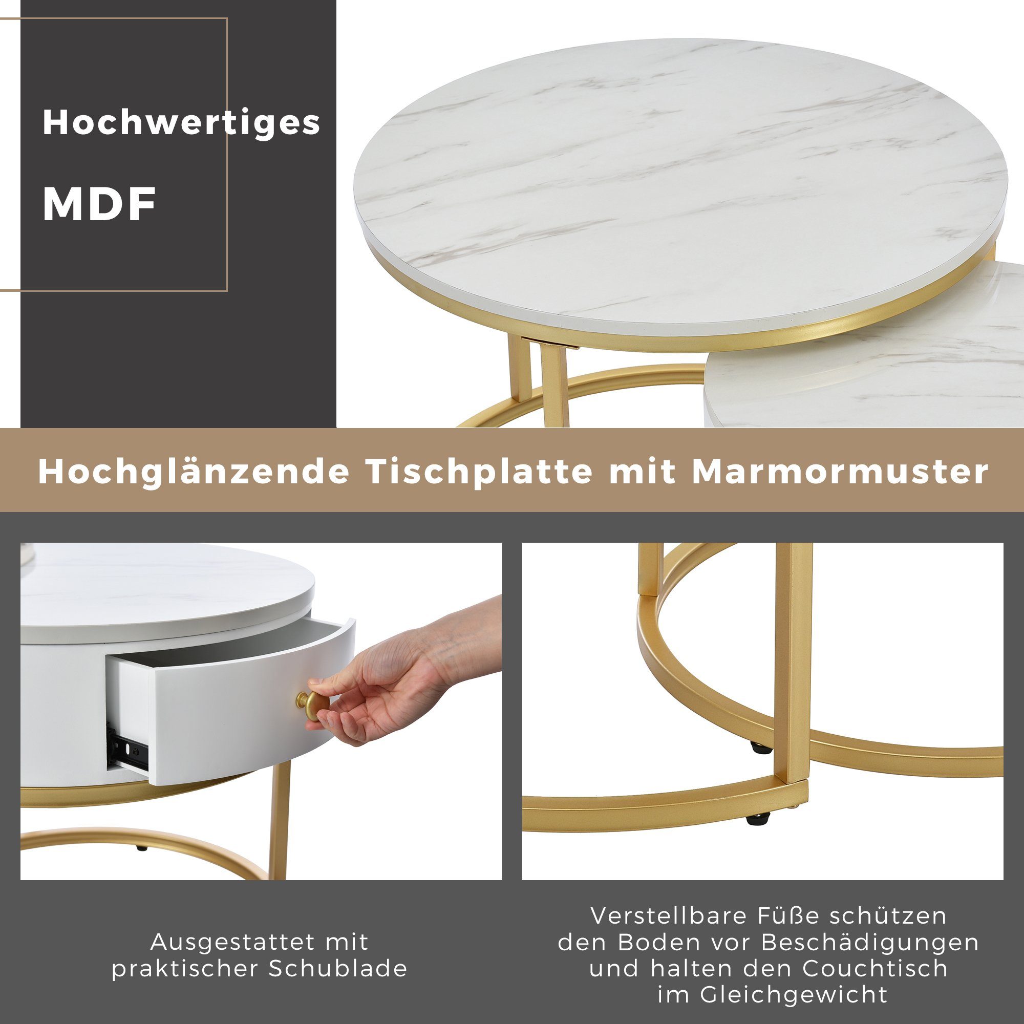 goldenen mit Weiß Beistelltisch Merax (2-St), Satztisch hochglanz Couchtisch Holz | Weiß rund mit Schublade Marmoroptik Metallbeine aus