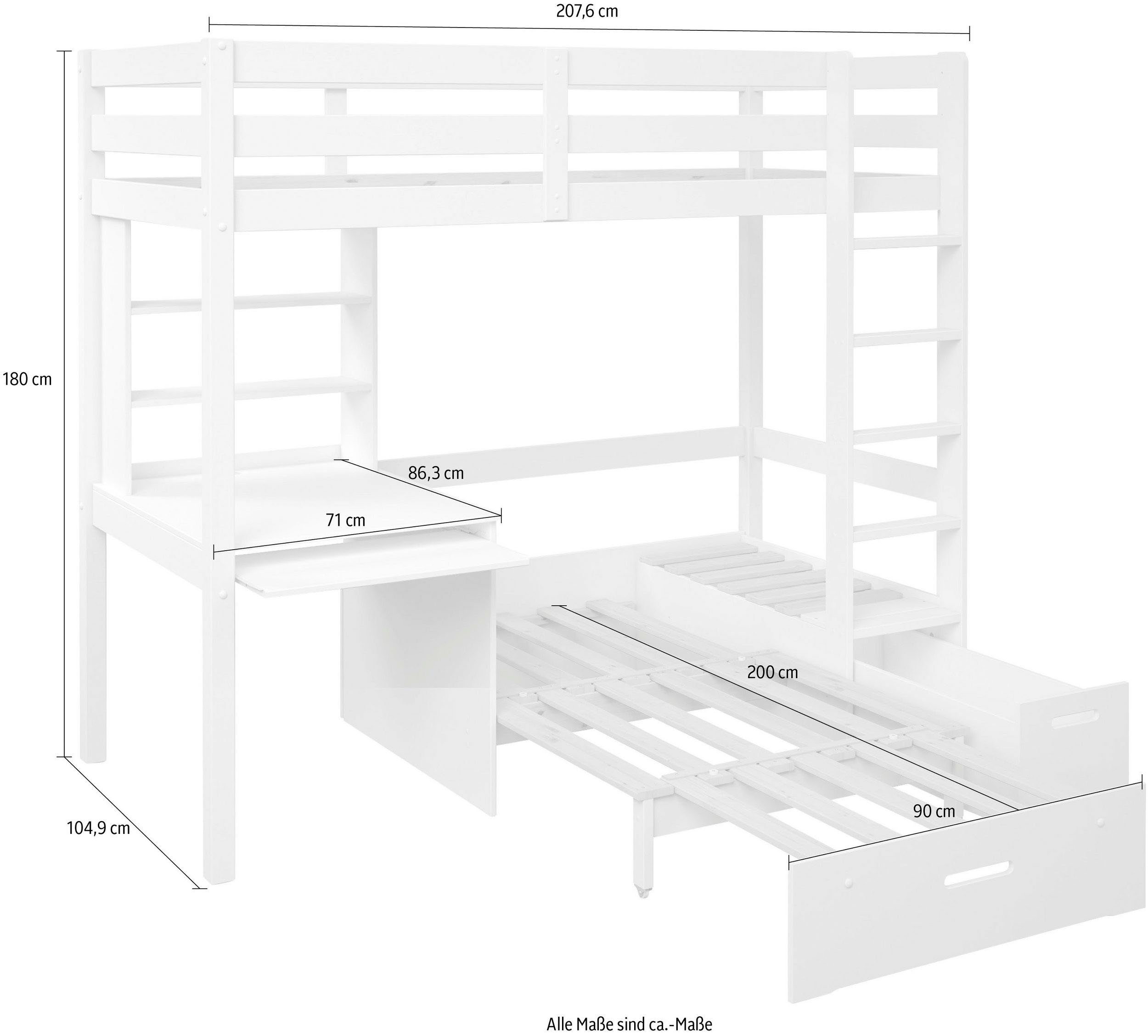 OTTO home Etagenbett HENNE' TOPSELLER! Hochbett, Ideal für kleine Räume, 2 Schlafplätze (zweiter Schlafplatz ausziehbar, B/H/T ca. 208/180/105cm), mit Polsterauflagen, Schreibtisch, Stauraum, seitenverkehrt montierbar