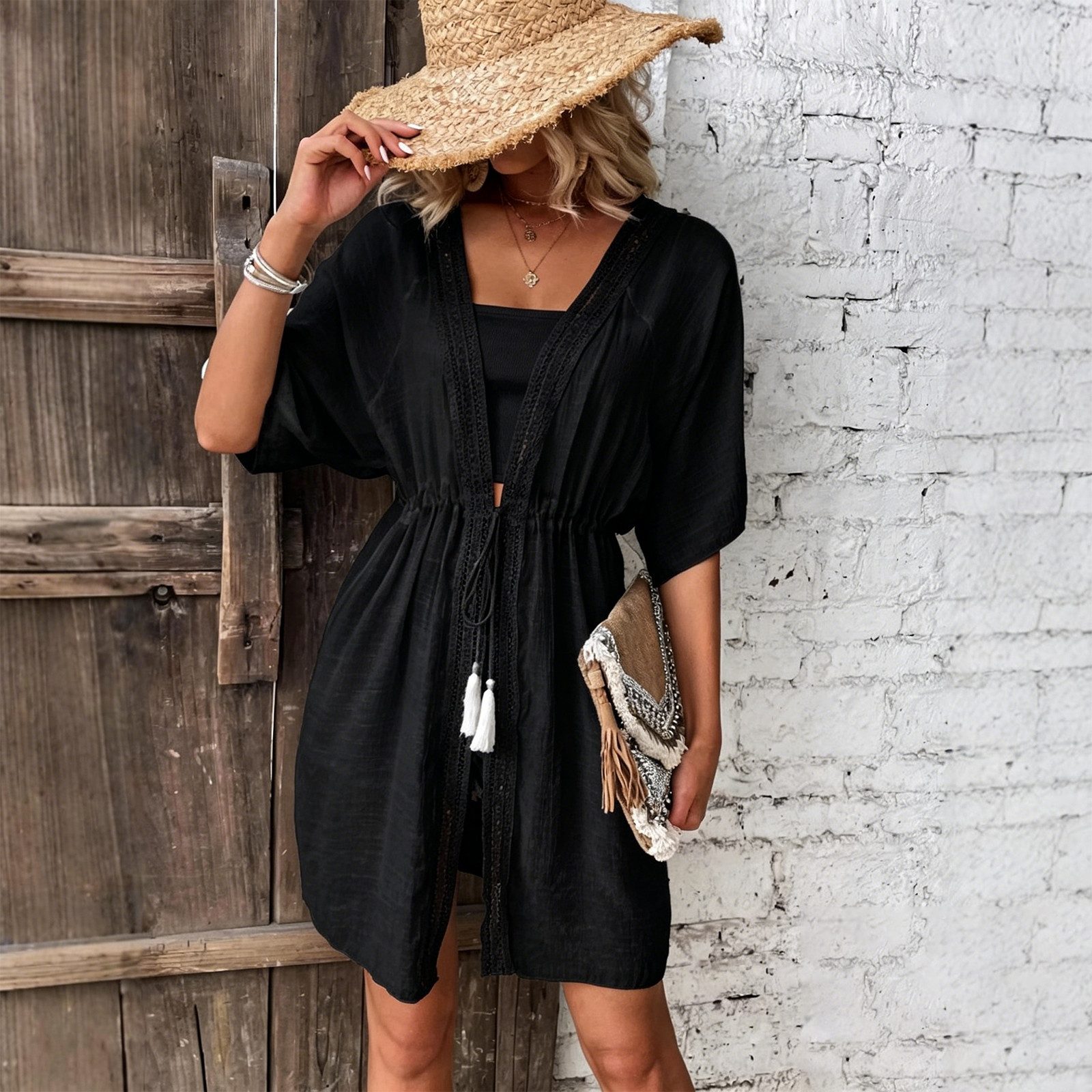 MOPUEA Strandkleid Strandtunika Damen Boho Bikini Überwurf Mit Spitze V Ausschnitt (Damen Strandtunika Bikini Überwurf Im Boho Stil, Schnelltrocknender Überwurf Mit Tunnelzug Und Spitze) Luftig Figurfreundlich Pflegeleicht Und Reisetauglich