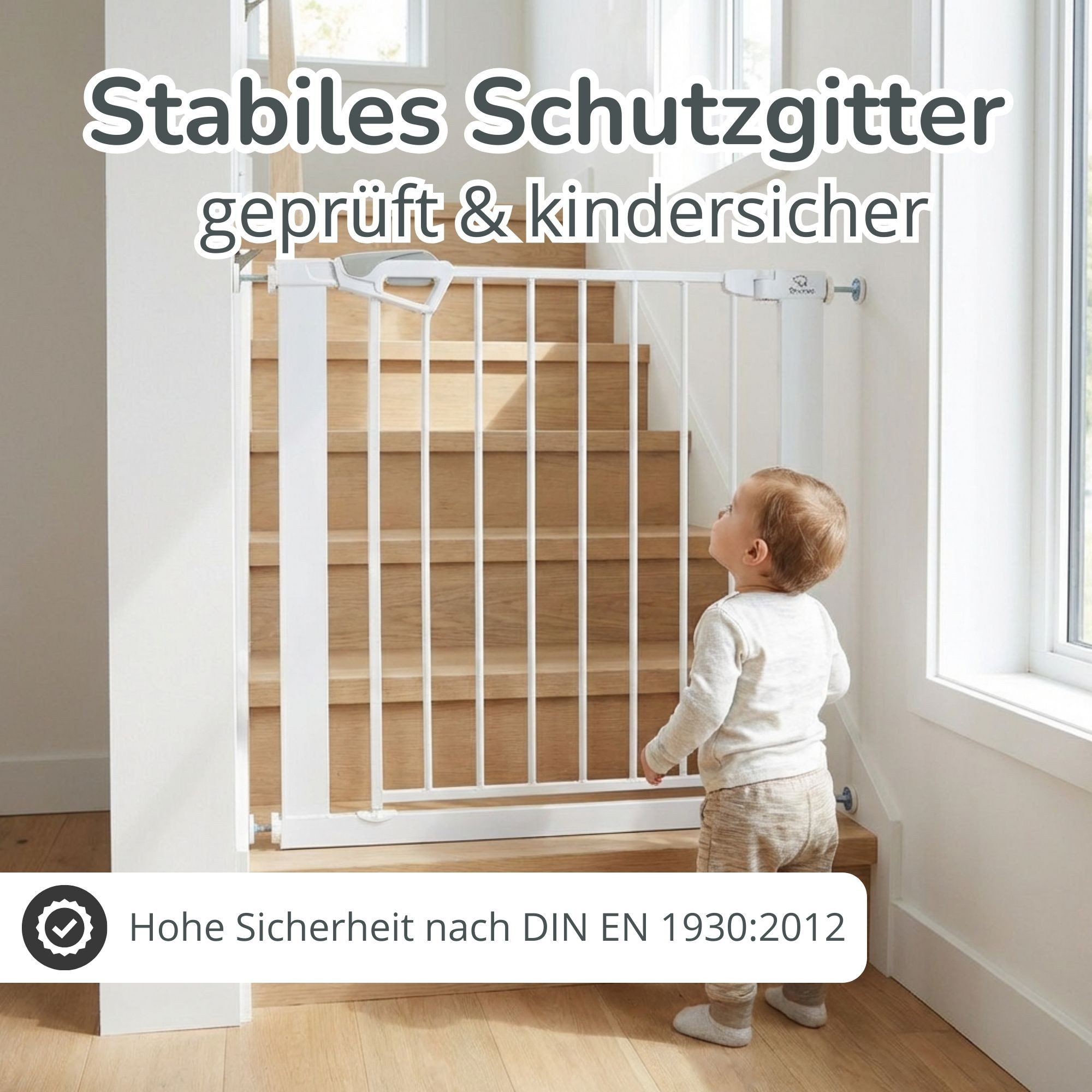 Bronea Treppenschutzgitter BALU Türgitter ohne Bohren Türschutzgitter Treppengitter (75–82 cm verlängerbar bis 165 cm, SAFETY-LOCK Rot/Grün, ANTI-STOLPER-RAMPE, AUTO-CLOSE Türschutzgitter), Entwickelt, Geprüft & Zertifiziert in Deutschland EN1930:2012-02