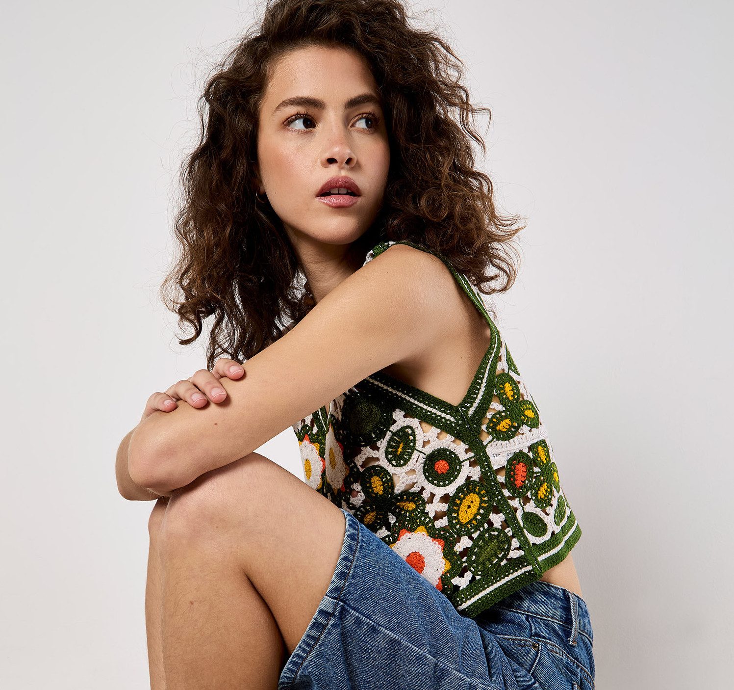 Apricot Stricktop Geblümte Häkelweste im Boho-Look günstig online kaufen