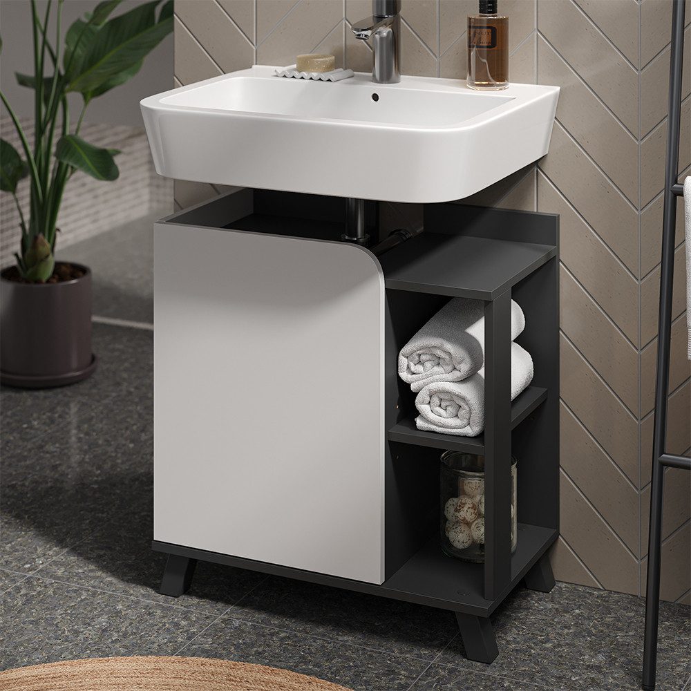 Vicco Waschbeckenunterschrank Karen, Anthrazit/Weiß, 60 x 65 cm mit Tür und offenen Fächern (1-St) – Bild 4 von 5