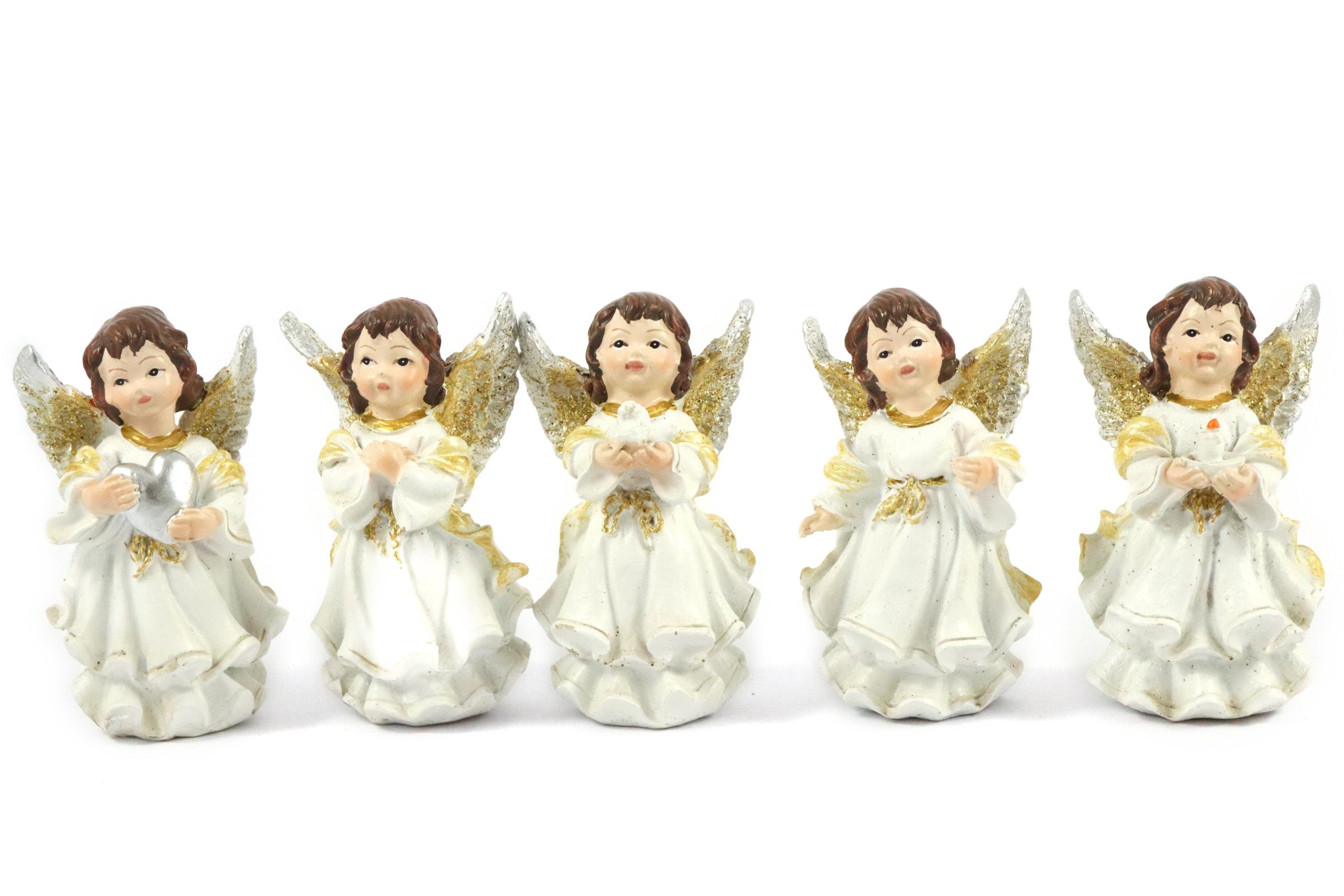 Engel in H.: Kleid Gold Set Polyresin Gold Engelfigur ELLUG 7,5cm Flügeln & glitzernde 5er weiß Schutzengel aus