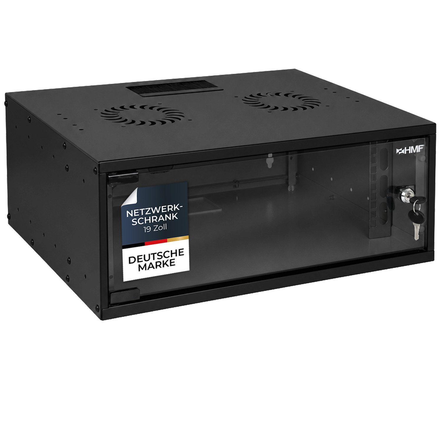 HMF Serverschrank Netzwerkschrank, Serverschrank 19 Zoll, 4 HE, 400 mm Tiefe, Glastür, Schwarz