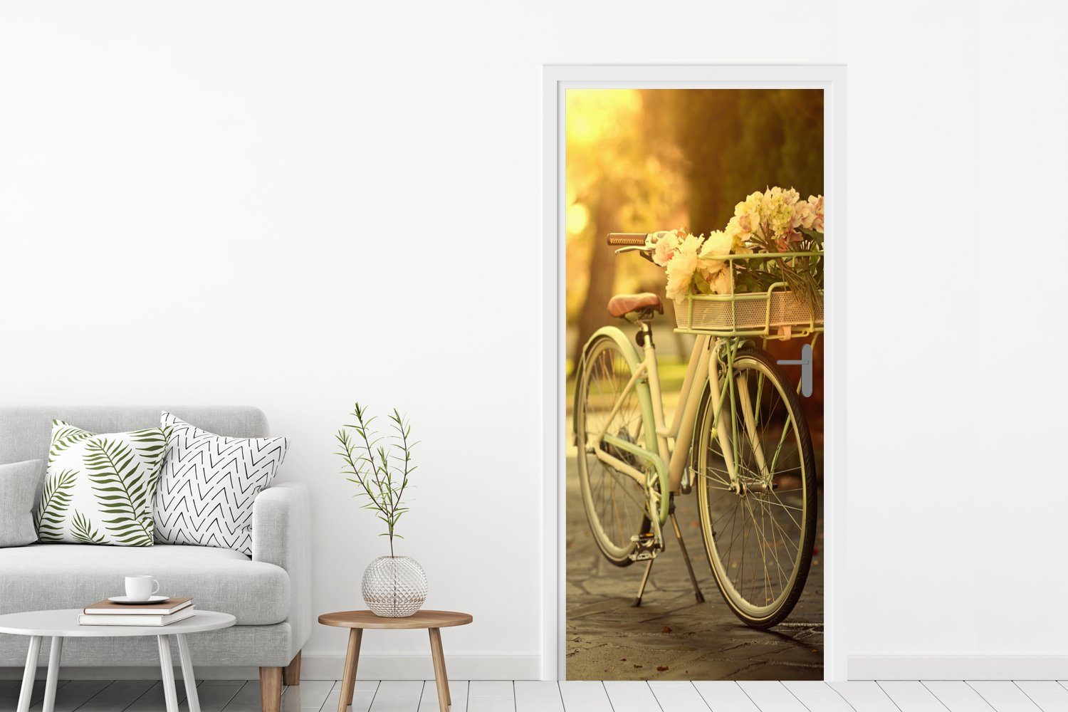 Fototapete Blumen Fahrradkorb, bedruckt, Türaufkleber, Tür, Matt, 75x205 Türtapete St), cm für im (1 MuchoWow