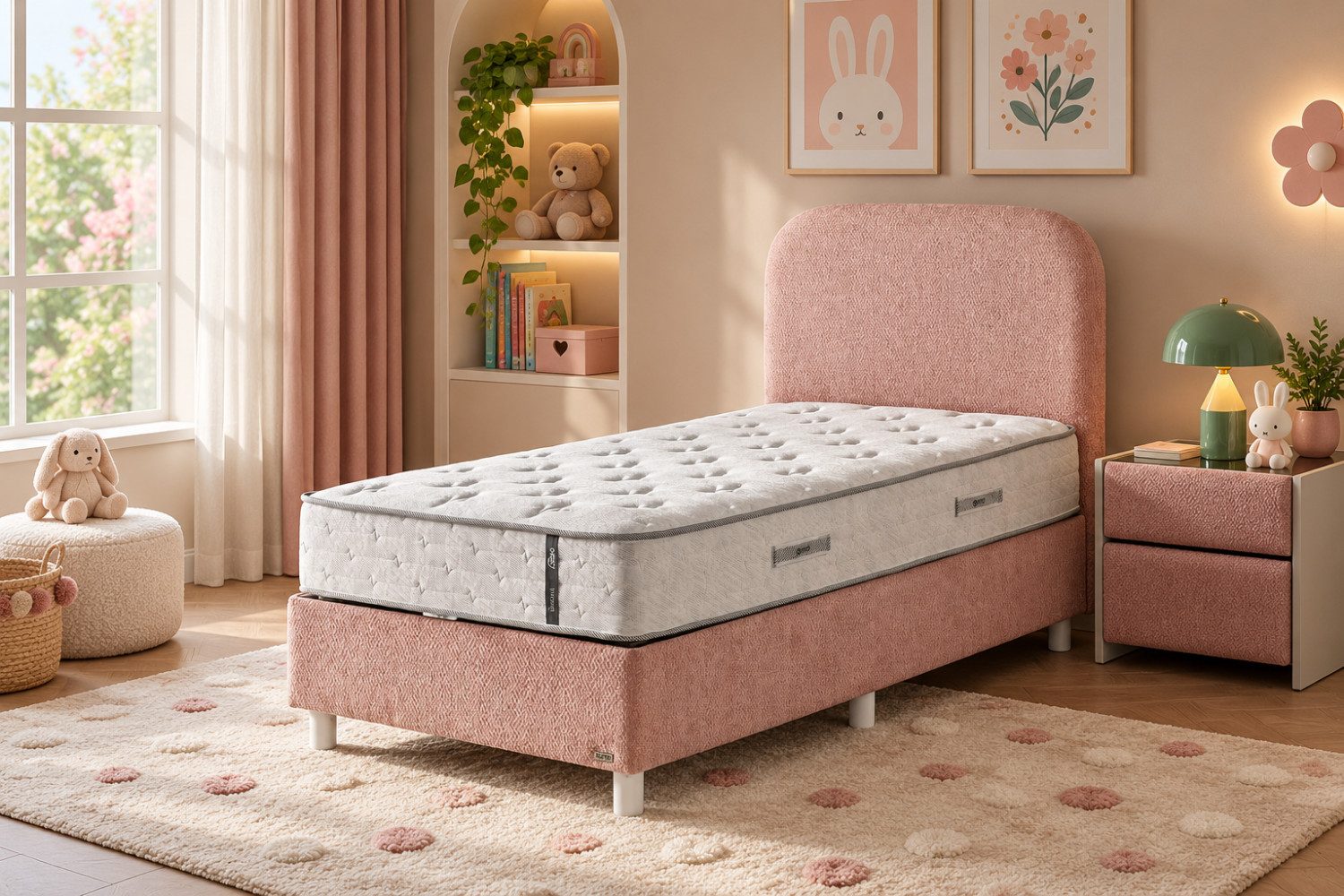 BAMBI YATAK Kinderbett mit Matratze, Boxspringbett, Jungenbett, Mädchenbett, opt. Nachttisch (120x200 cm Bett, Matratze & Hydraulischem Stauraum), Taschenfederkernmatratze